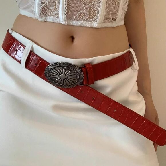 1135 Women Red Leather Belt Y2k Cowgirls Belts Vintage Buckle Jeans Waist main image 5